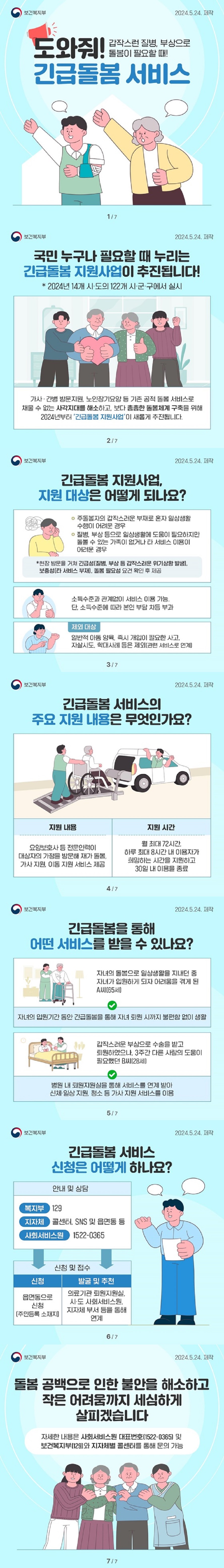 도와줘, 긴급돌봄 서비스! 갑작스런 질병, 부상으로 돌봄이 필요할 때!<보건복지부>국민 누구나 필요할 때 누리는 긴급돌봄 지원사업이 추진됩니다!* 2024년 14개 시·도의 122개 시·군·구에서 실시 가사·간병 방문지원, 노인장기요양 등 기존 공적 돌봄 서비스로 채울 수 없는 사각지대를 해소하고, 보다 촘촘한 돌봄체계 구축을 위해 2024년부터 ‘긴급돌봄 지원사업’이 새롭게 추진됩니다. ◆ 긴급돌봄 지원사업, 지원 대상은 어떻게 되나요? · 주돌봄자의 갑작스러운 부재로 혼자 일상생활 수행이 어려운 경우 · 질병, 부상 등으로 일상생활에 도움이 필요하지만 돌볼 수 있는 가족이 없거나 타 서비스 이용이 어려운 경우 *현장 방문을 거쳐 긴급성(질병, 부상 등 갑작스러운 위기상황 발생), 보충성(타 서비스 부재), 돌봄 필요성 요건 확인 후 제공 소득수준과 관계없이 서비스 이용 가능. 단, 소득수준에 따라 본인 부담 차등 부과 <제외 대상> 일반적 아동 양육, 즉시 개입이 필요한 사고, 자살시도, 학대사례 등은 제외(관련 서비스로 연계) ◆ 긴급돌봄 서비스의 주요 지원 내용은 무엇인가요? · 지원 내용 요양보호사 등 전문인력이 대상자의 가정을 방문해 재가 돌봄, 가사 지원, 이동 지원 서비스 제공 · 지원 시간 월 최대 72시간, 하루 최대 8시간 내 이용자가 희망하는 시간을 지원하고 30일 내 이용을 종료 ◆ 긴급돌봄을 통해 어떤 서비스를 받을 수 있나요? 자녀의 돌봄으로 일상생활을 지내던 중 자녀가 입원하게 되자 어려움을 겪게 된 A씨(65세) → 자녀의 입원기간 동안 긴급돌봄을 통해 자녀 퇴원 시까지 불편함 없이 생활 갑작스러운 부상으로 수술을 받고 퇴원하였으나, 3주간 다른 사람의 도움이 필요했던 B씨(28세) → 병원 내 퇴원지원실을 통해 서비스를 연계 받아 신체·일상 지원 청소 등 가사 지원 서비스를 이용 ◆ 긴급돌봄 서비스 신청은 어떻게 하나요? <안내 및 상담> - 복지부 : 129 - 지자체 : 콜센터, SNS 및 읍면동 등 - 사회서비스원 : 1522-0365 <신청 및 접수> - 신청 읍면동으로 신청(주민등록 소재지) - 발굴 및 추천 의료기관 퇴원지원실, 시·도 사회서비스원, 지자체 부서 등을 통해 연계 돌봄 공백으로 인한 불안을 해소하고 작은 어려움까지 세심하게 살피겠습니다. 자세한 내용은 사회서비스원 대표번호(1522-0365) 및 보건복지부(129)와 지자체별 콜센터를 통해 문의 가능